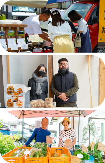 写真：マルシェのイメージを伝える3枚の写真。1:マルシェで買い物をしている写真 2:出店者の男女 3:出店者の野菜を売っている男女